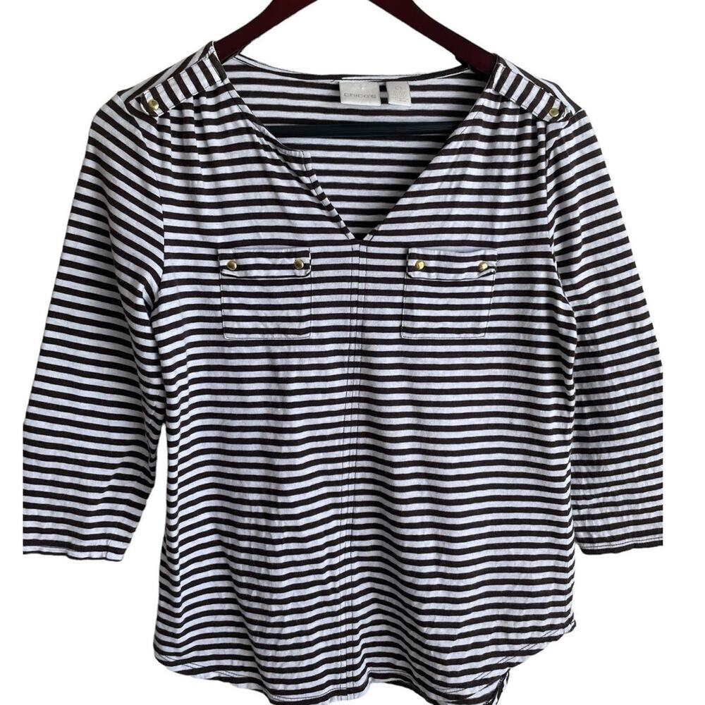 Chicos Women Cotton Top S Black White Stripe 3/4‎ Sleeve Pockets Casual Coastal